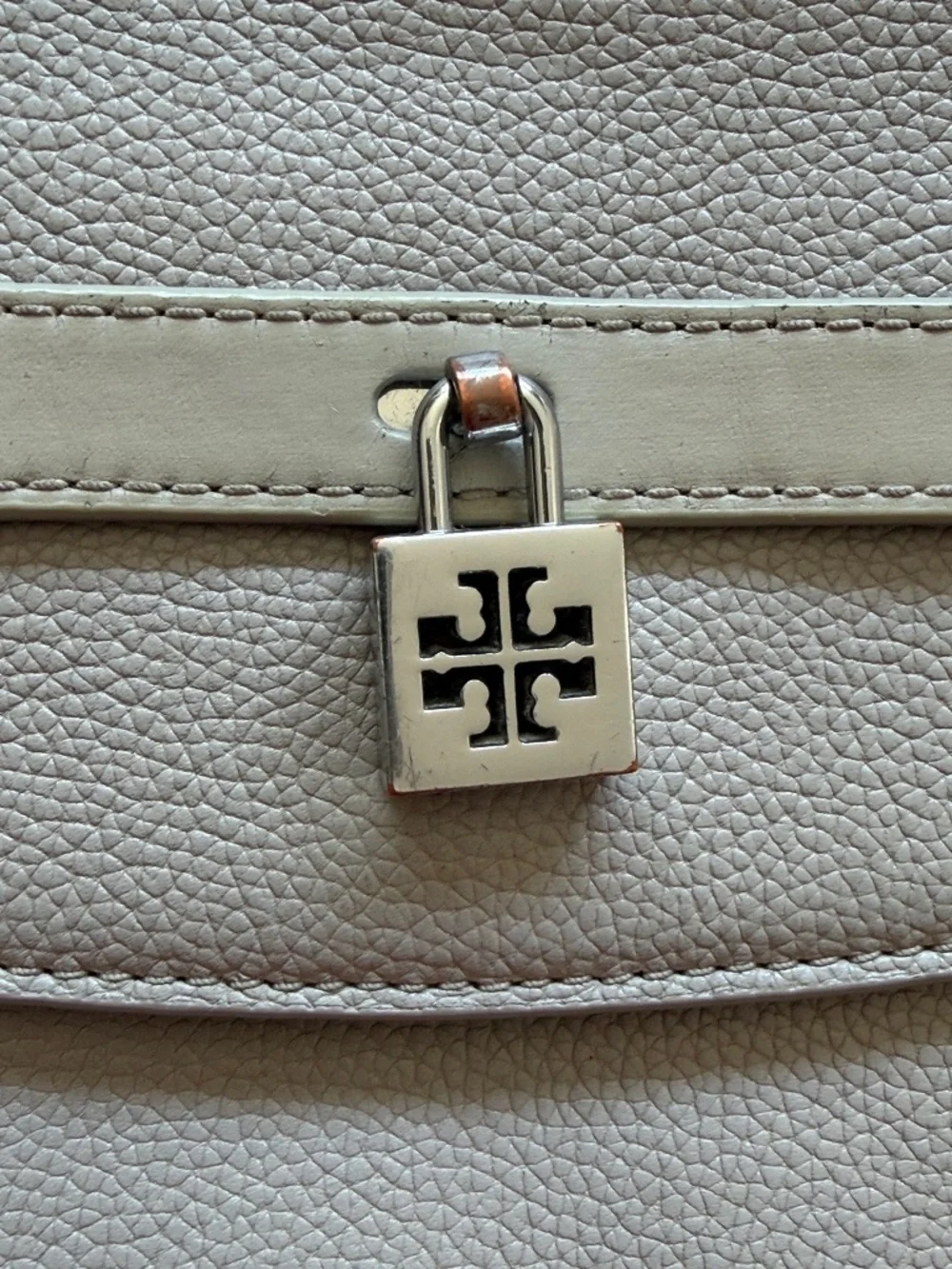 Tory Burch Pebbled Light Gray/taupe Leather Crossbody with magnetic closure
